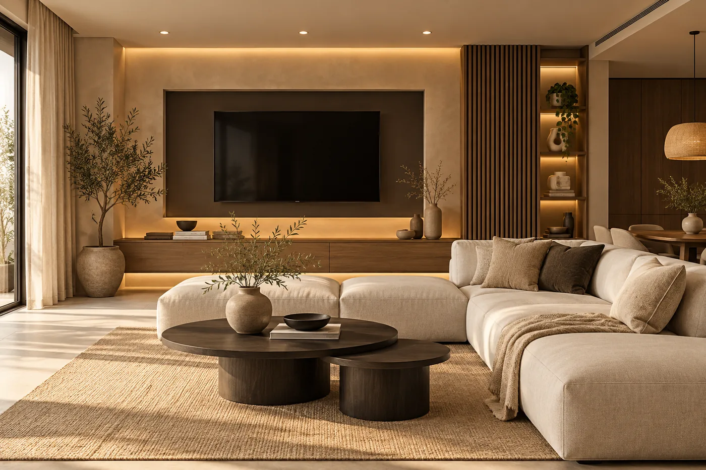 Moderne woonkamer met tv-wand, indirecte verlichting en houten lamellen